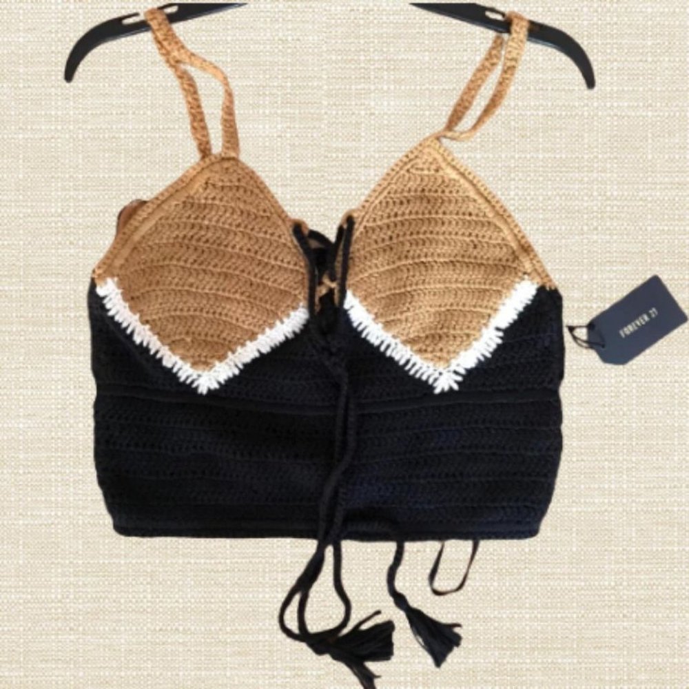 Discontinued Crocheted Tan and Black Croptop with Lace Front-tie